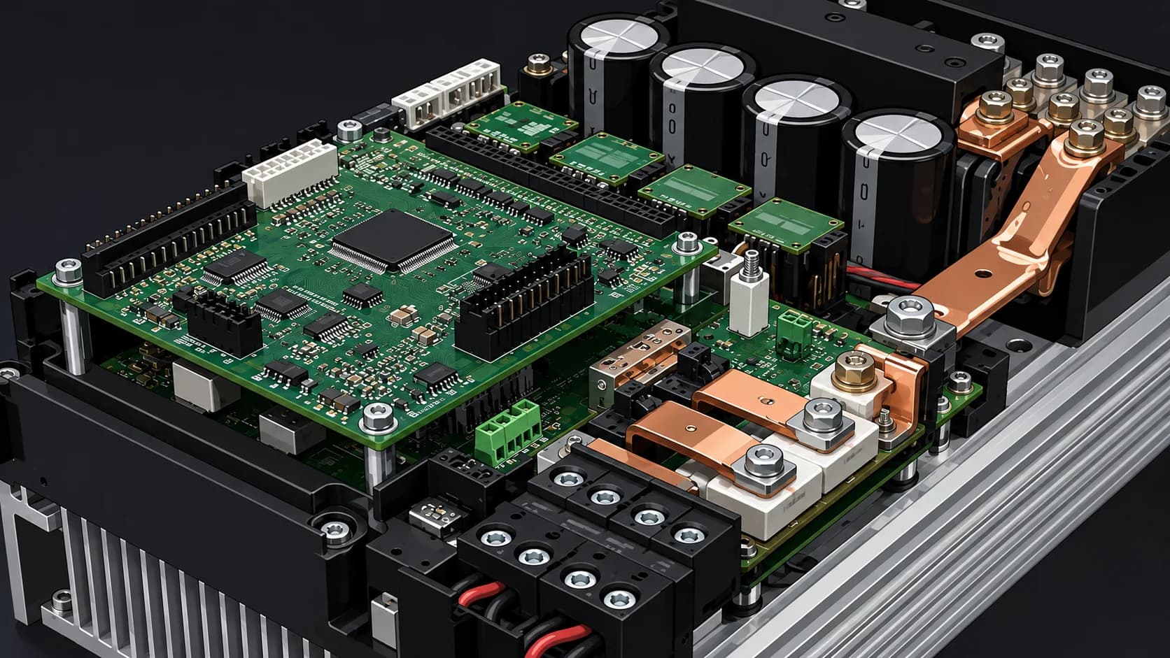The 11 kW servo drive assembly: control board above the power stage, with IGBT modules, bus capacitors and copper busbars