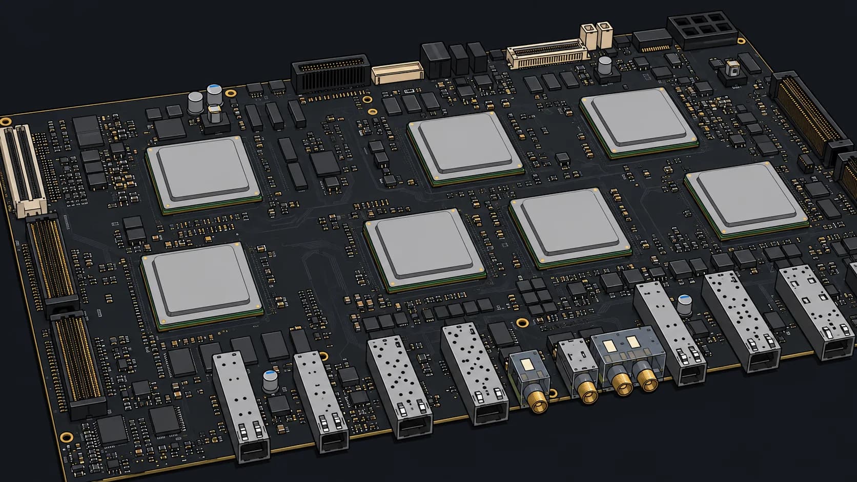 The supercomputer mainboard: eight large processor packages across an 18-layer board with high-speed cages along the edge