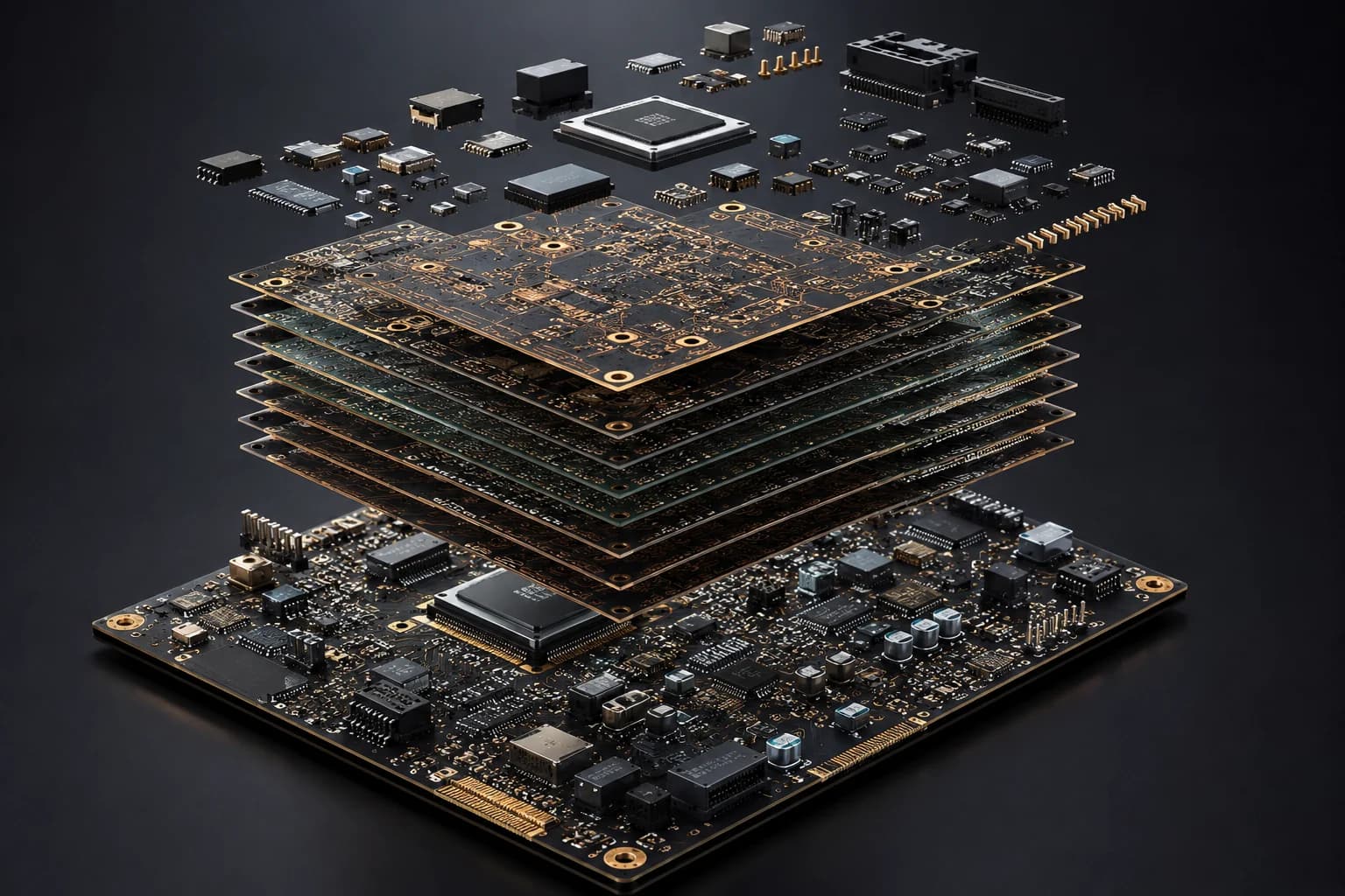 Exploded rendering of a multi-layer mainboard: the populated board below, its inner copper layers separated above it, and the component set floating clear at the top